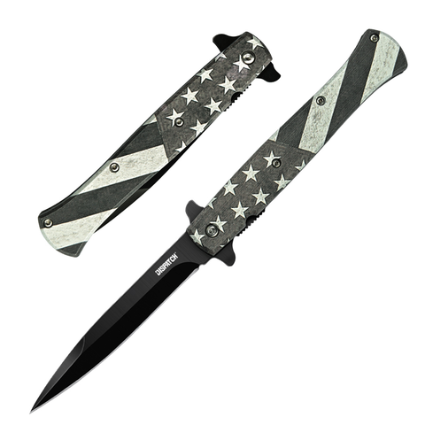 9"" USA Flag Black & White Color Plastic Handle 3CR13 Steel Spring Assisted Folding Knife