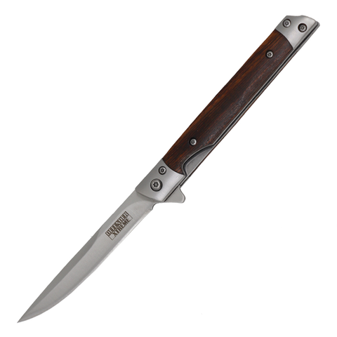 Defender-Xtreme 8" Sand Finish Blade Wood Handle Ball Bearing Folding Knife With Leather Sheath